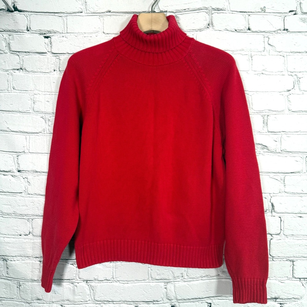 Lands End Drifter Turtleneck Sweater Women L Red Fisherman Knit USA Heavyweight‎